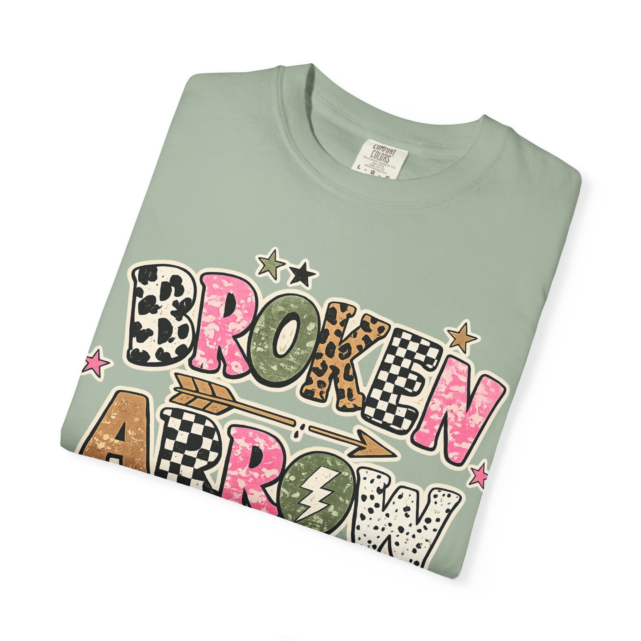 Broken Arrow Graphic T‑Shirt — Retro Patchwork Lettering Tee