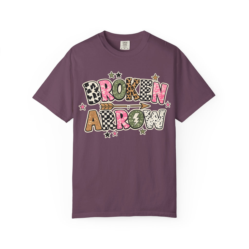 Broken Arrow Graphic T‑Shirt — Retro Patchwork Lettering Tee