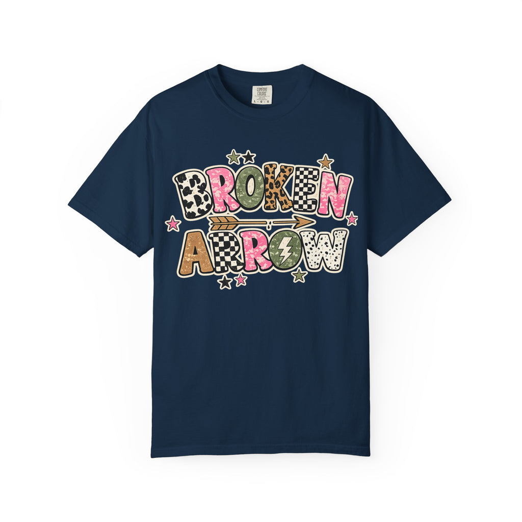 Broken Arrow Graphic T‑Shirt — Retro Patchwork Lettering Tee