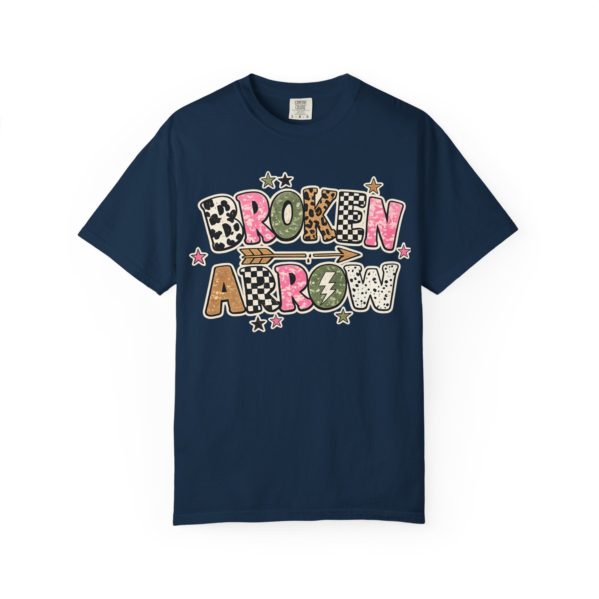Broken Arrow Graphic T‑Shirt — Retro Patchwork Lettering Tee