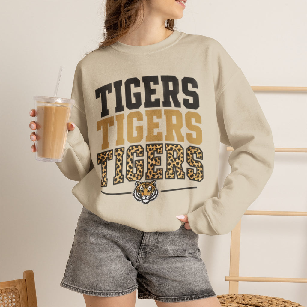Tigers Repeat Crewneck Sweatshirt — Leopard Accent School Spirit Tee
