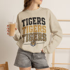 Tigers Repeat Crewneck Sweatshirt — Leopard Accent School Spirit Tee