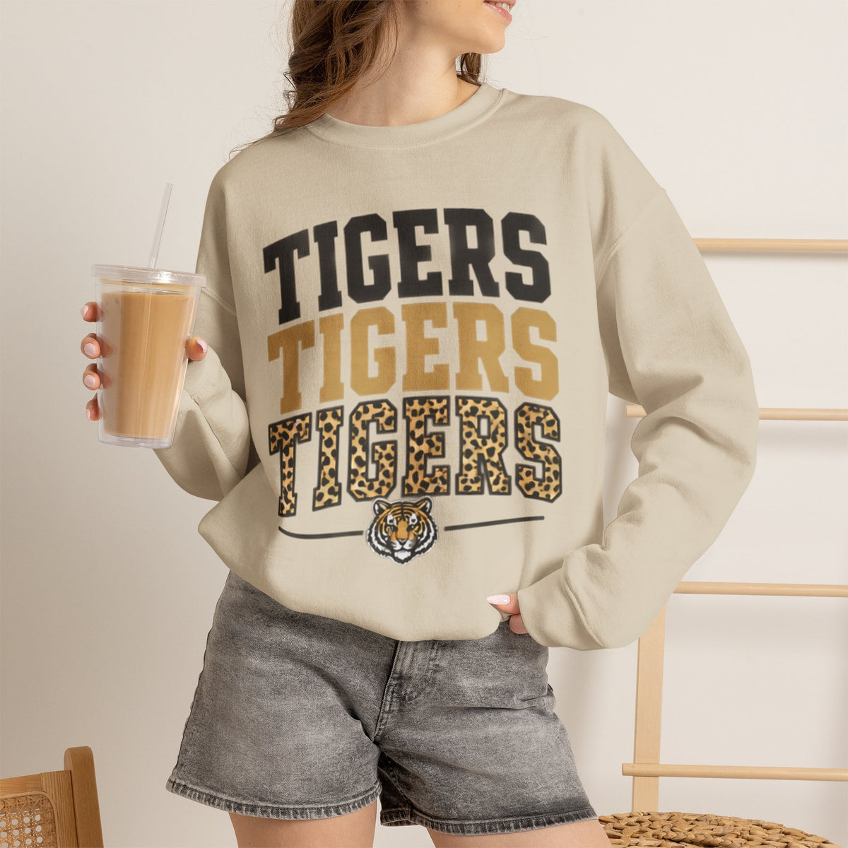 Tigers Repeat Crewneck Sweatshirt — Leopard Accent School Spirit Tee