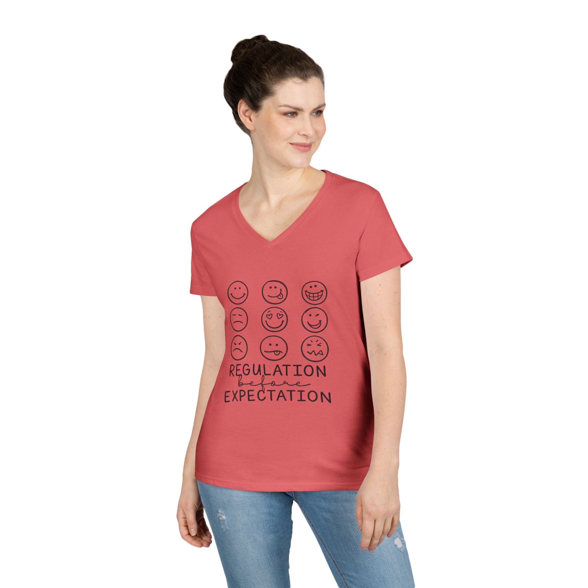 Emotion Faces V-Neck T-Shirt — "Regulation Not Expectation" Mental Health Tee