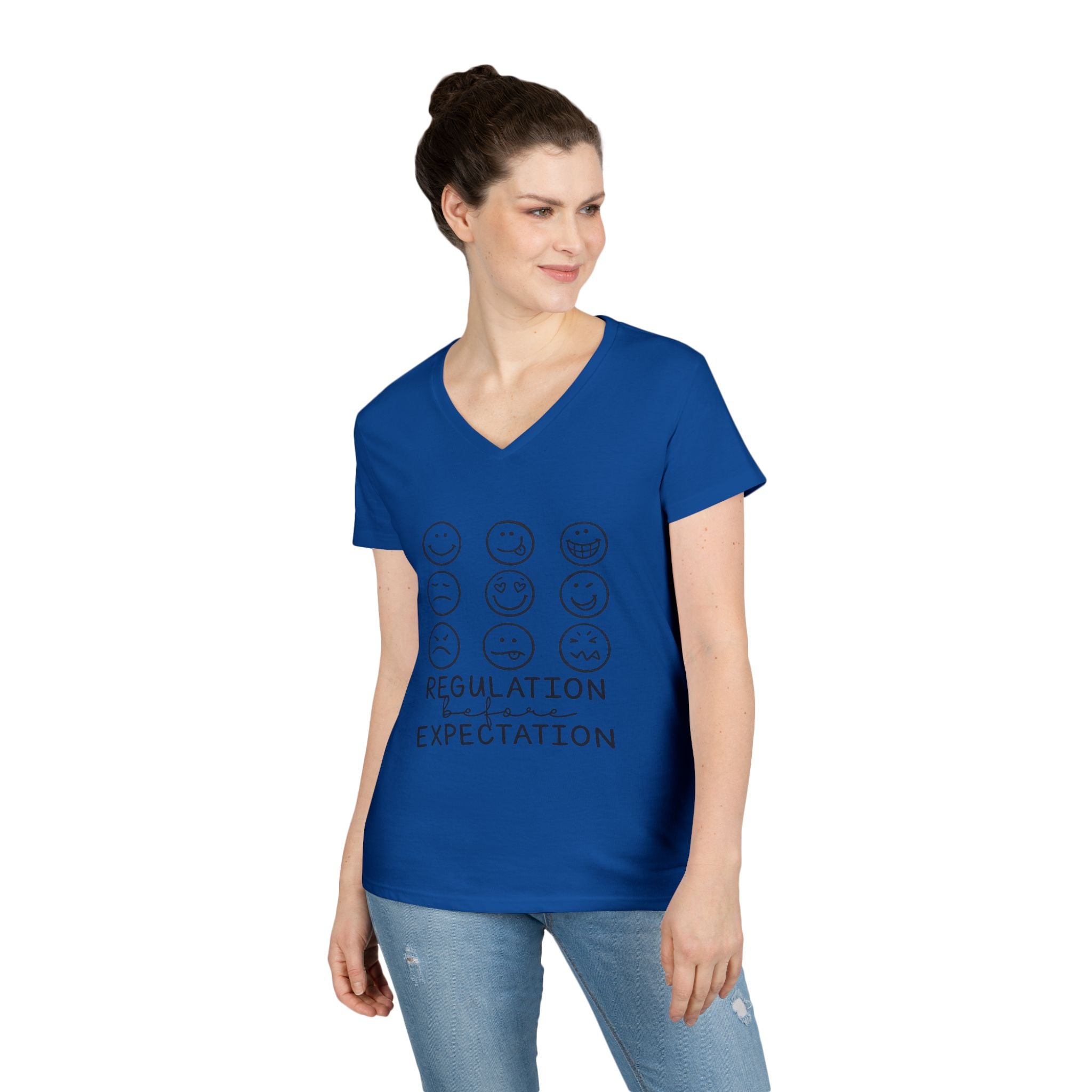 Emotion Faces V-Neck T-Shirt — "Regulation Not Expectation" Mental Health Tee