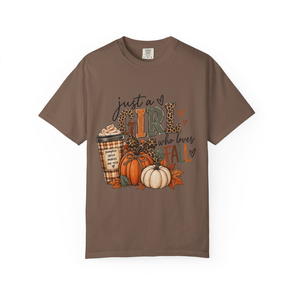 Fall Graphic T-Shirt — "Just a Girl Who Loves Fall" Pumpkin & Coffee Tee