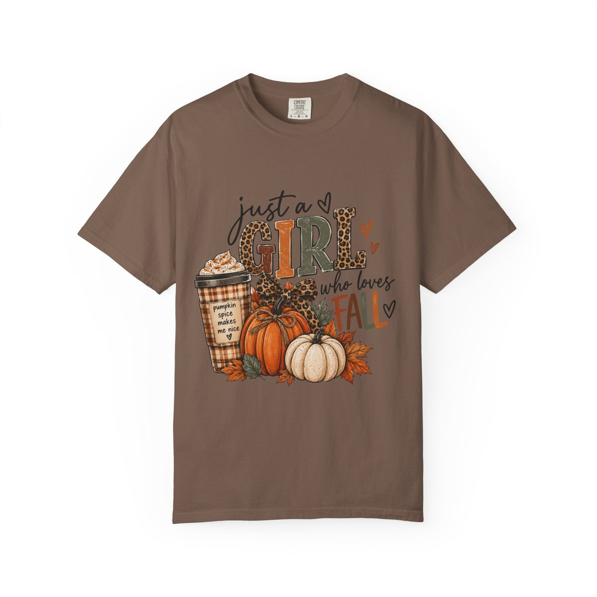 Fall Graphic T-Shirt — "Just a Girl Who Loves Fall" Pumpkin & Coffee Tee