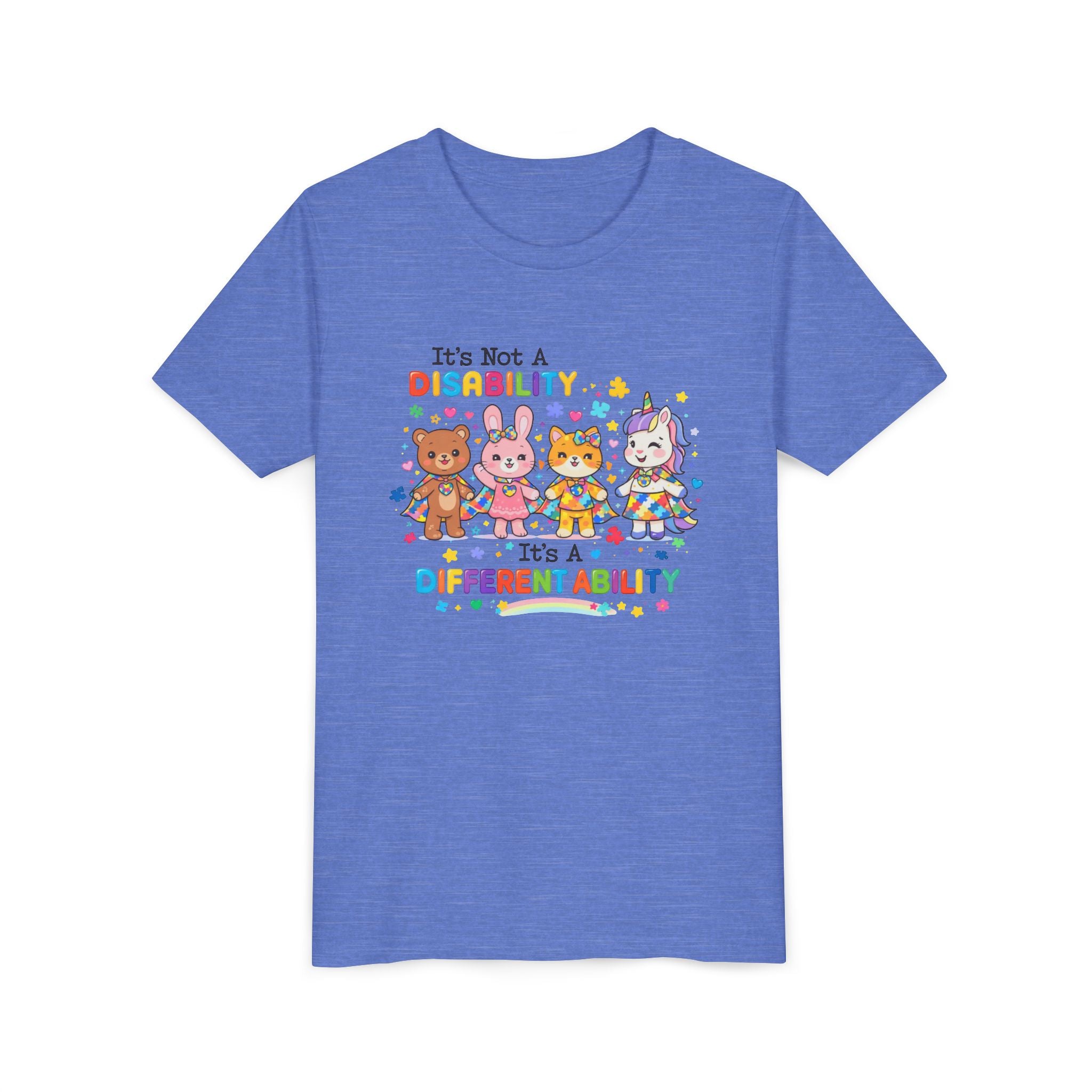 Youth Tee - "It's Not a Disability, It's a Different Ability" Rainbow Animals Autism Awareness Shirt