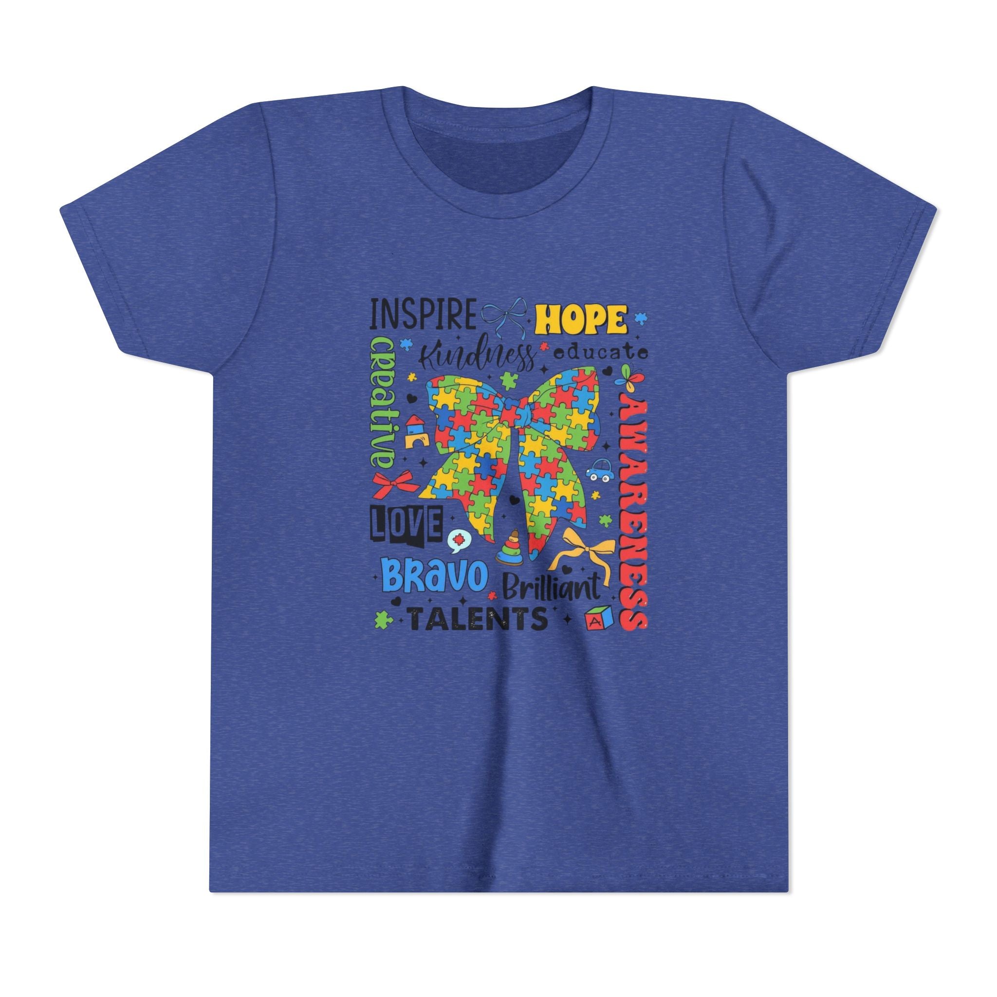 Youth Autism Awareness Tee — Colorful Puzzle Bow Design with Inspiring Words (Hope, Love, Inclusion)