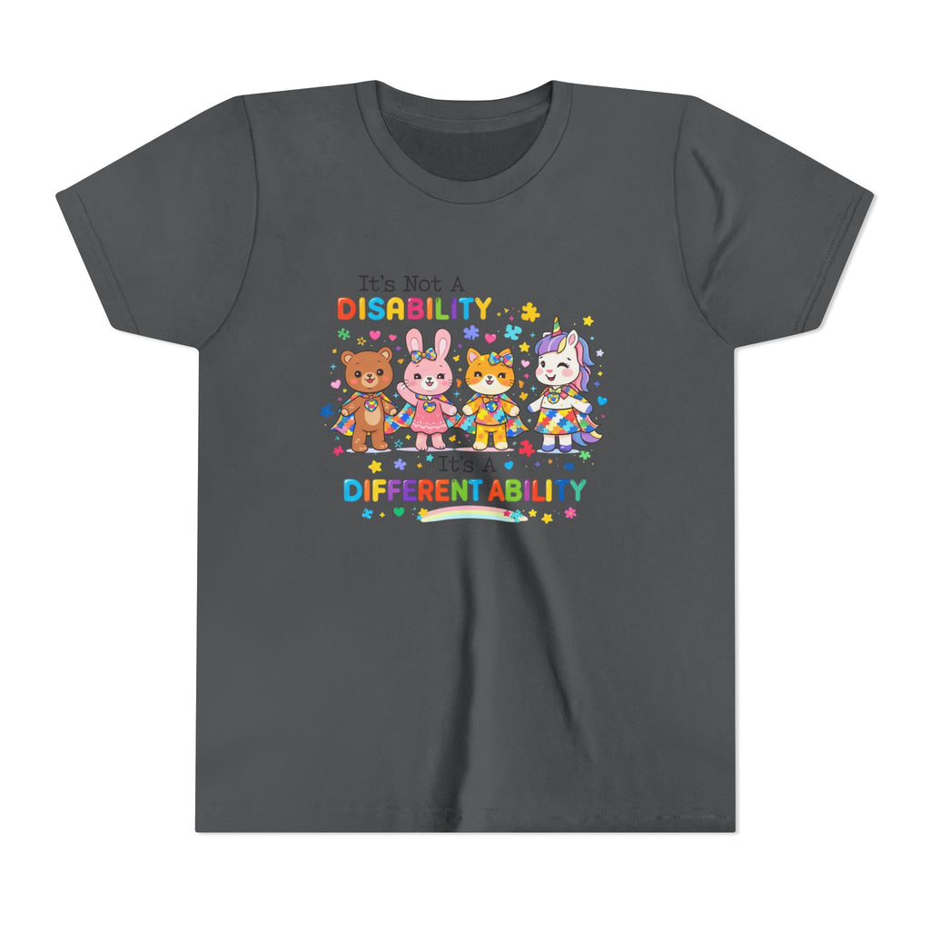 Youth Tee - "It's Not a Disability, It's a Different Ability" Rainbow Animals Autism Awareness Shirt