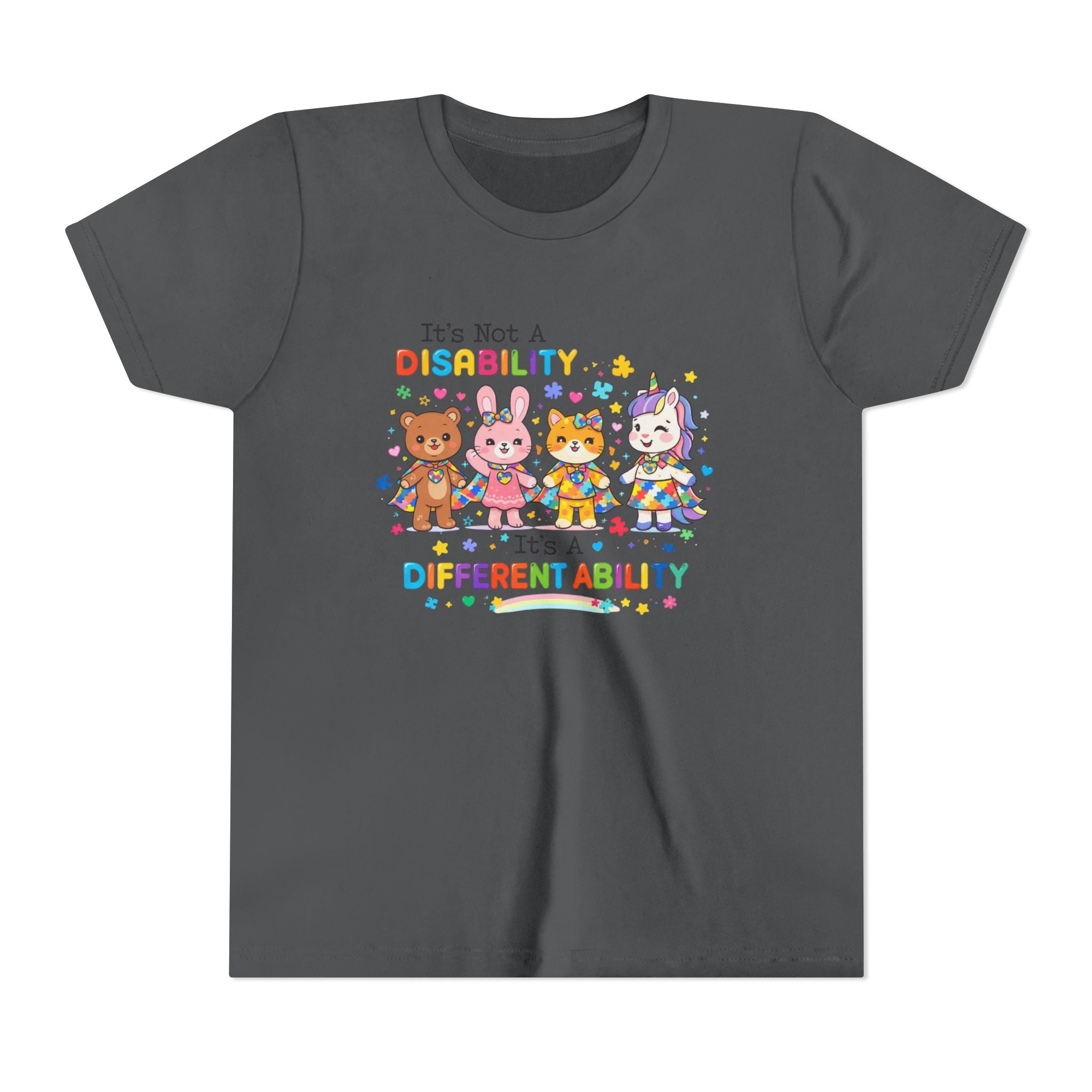 Youth Tee - "It's Not a Disability, It's a Different Ability" Rainbow Animals Autism Awareness Shirt