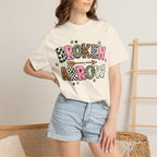 Broken Arrow Graphic T‑Shirt — Retro Patchwork Lettering Tee