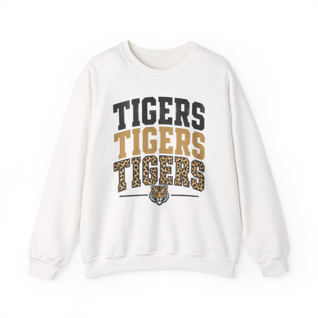 Tigers Repeat Crewneck Sweatshirt — Leopard Accent School Spirit Tee