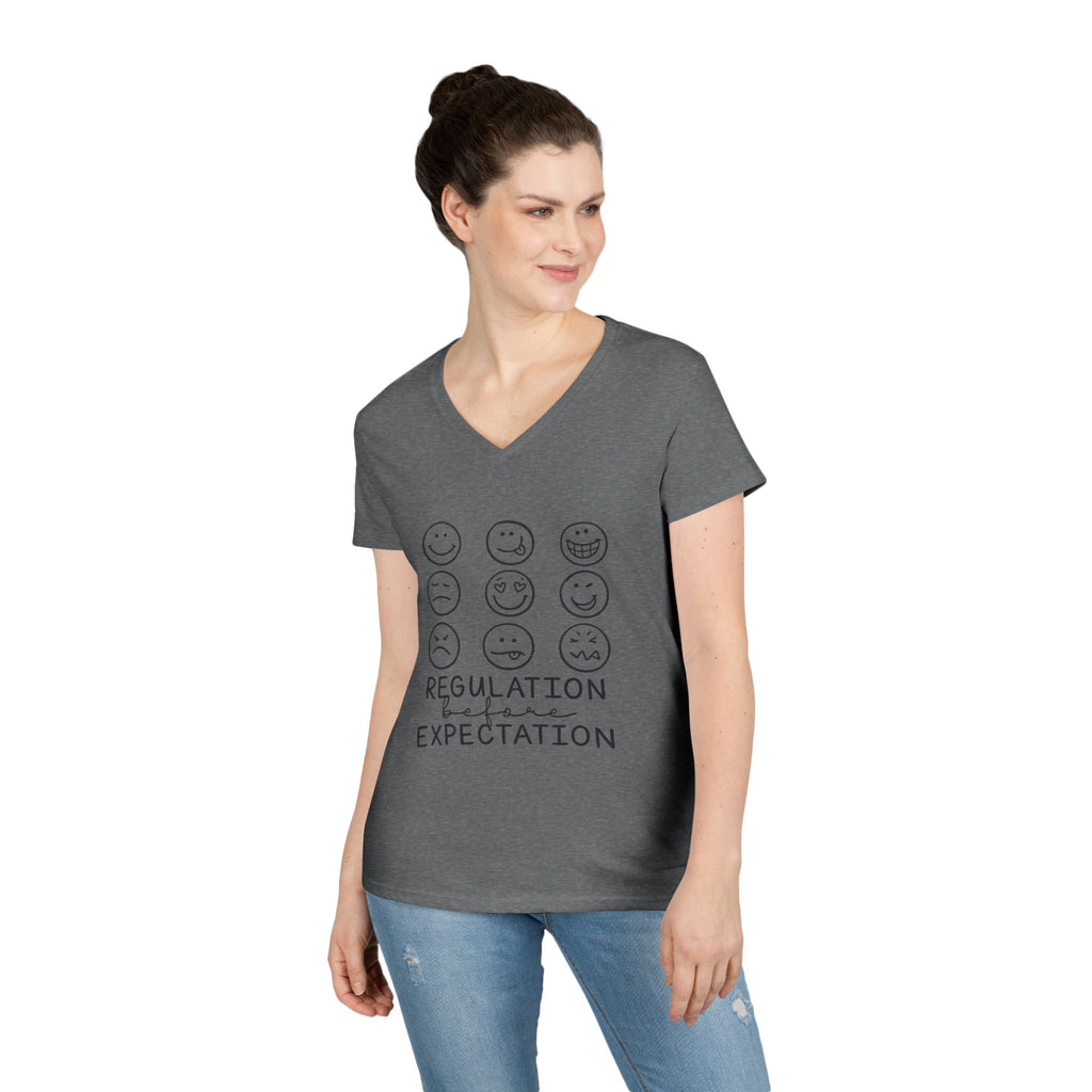 Emotion Faces V-Neck T-Shirt — "Regulation Not Expectation" Mental Health Tee