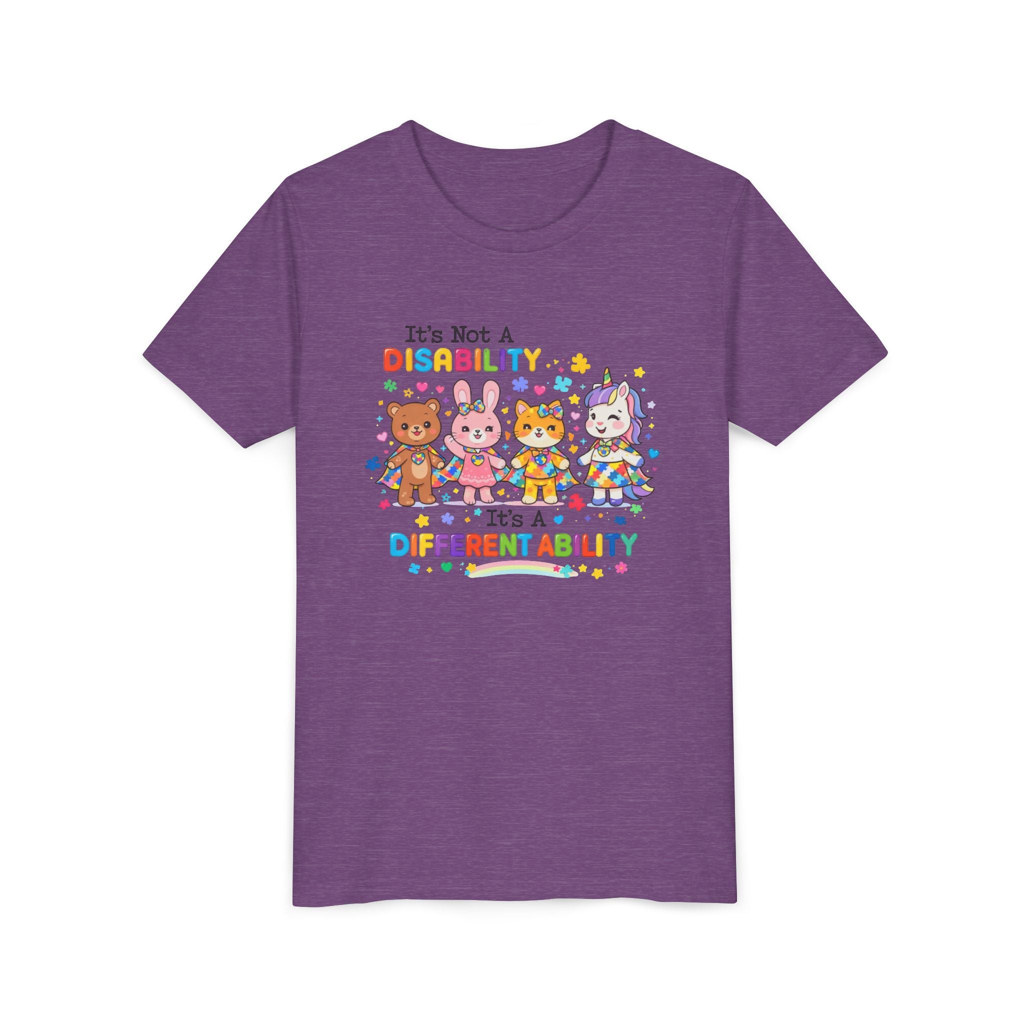 Youth Tee - "It's Not a Disability, It's a Different Ability" Rainbow Animals Autism Awareness Shirt