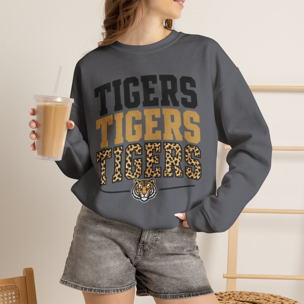 Tigers Repeat Crewneck Sweatshirt — Leopard Accent School Spirit Tee