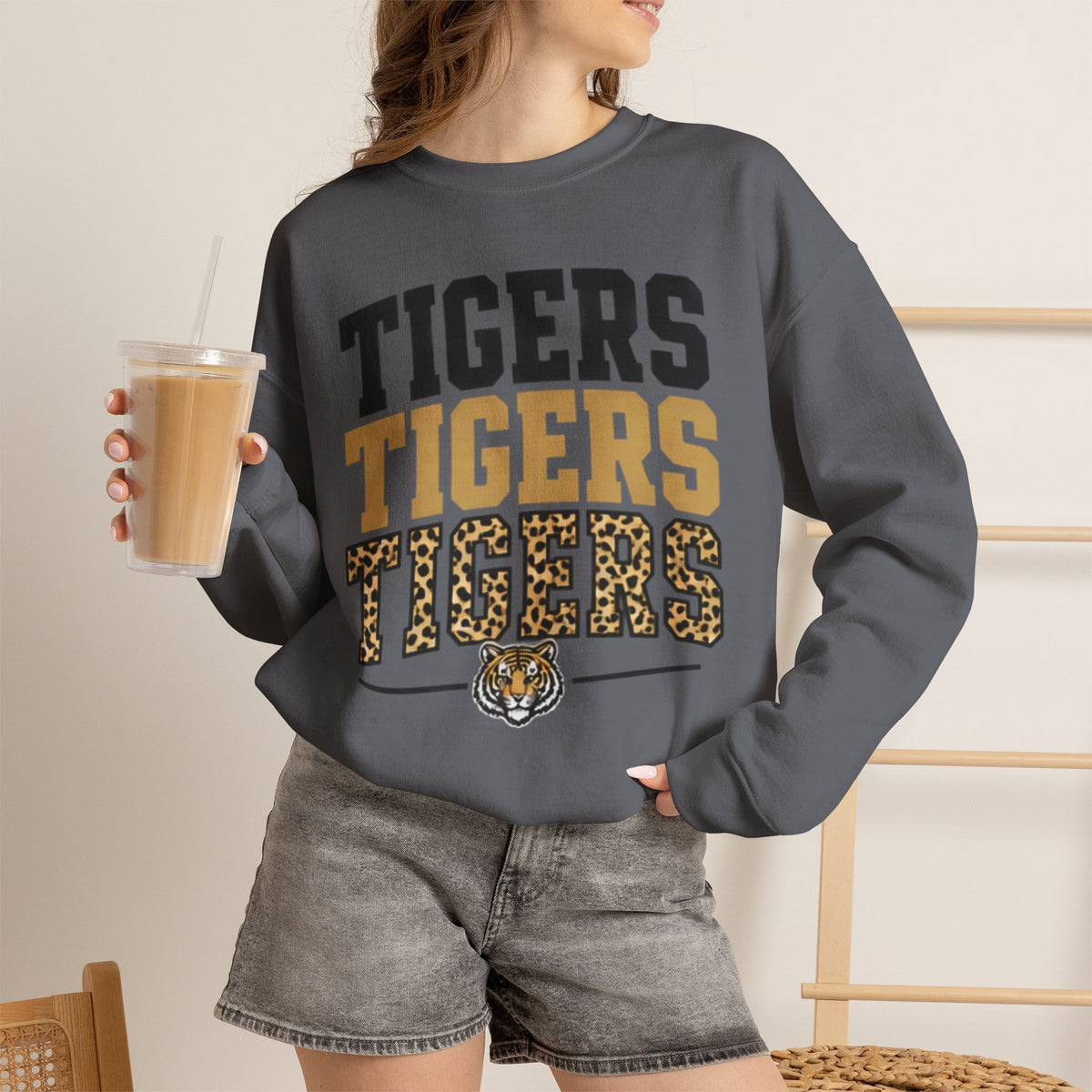 Tigers Repeat Crewneck Sweatshirt — Leopard Accent School Spirit Tee