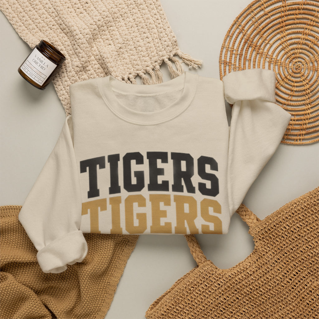 Tigers Repeat Crewneck Sweatshirt — Leopard Accent School Spirit Tee