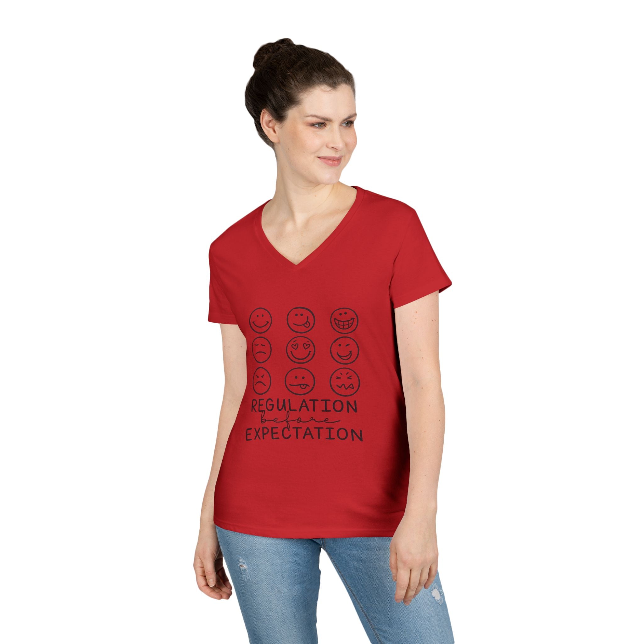 Emotion Faces V-Neck T-Shirt — "Regulation Not Expectation" Mental Health Tee