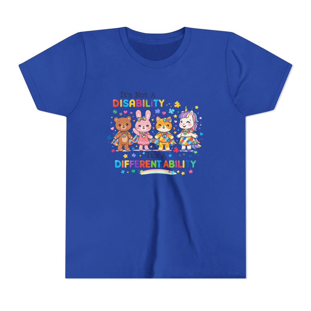 Youth Tee - "It's Not a Disability, It's a Different Ability" Rainbow Animals Autism Awareness Shirt