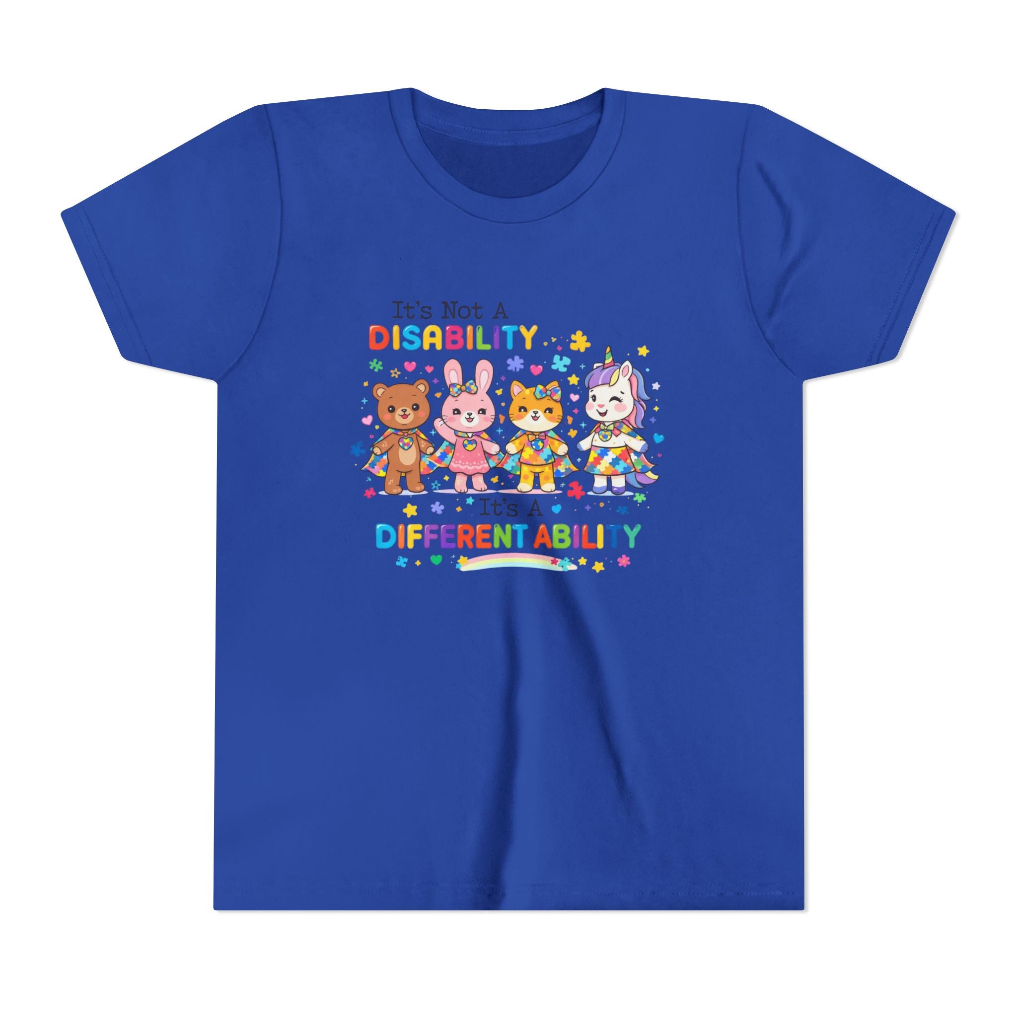 Youth Tee - "It's Not a Disability, It's a Different Ability" Rainbow Animals Autism Awareness Shirt