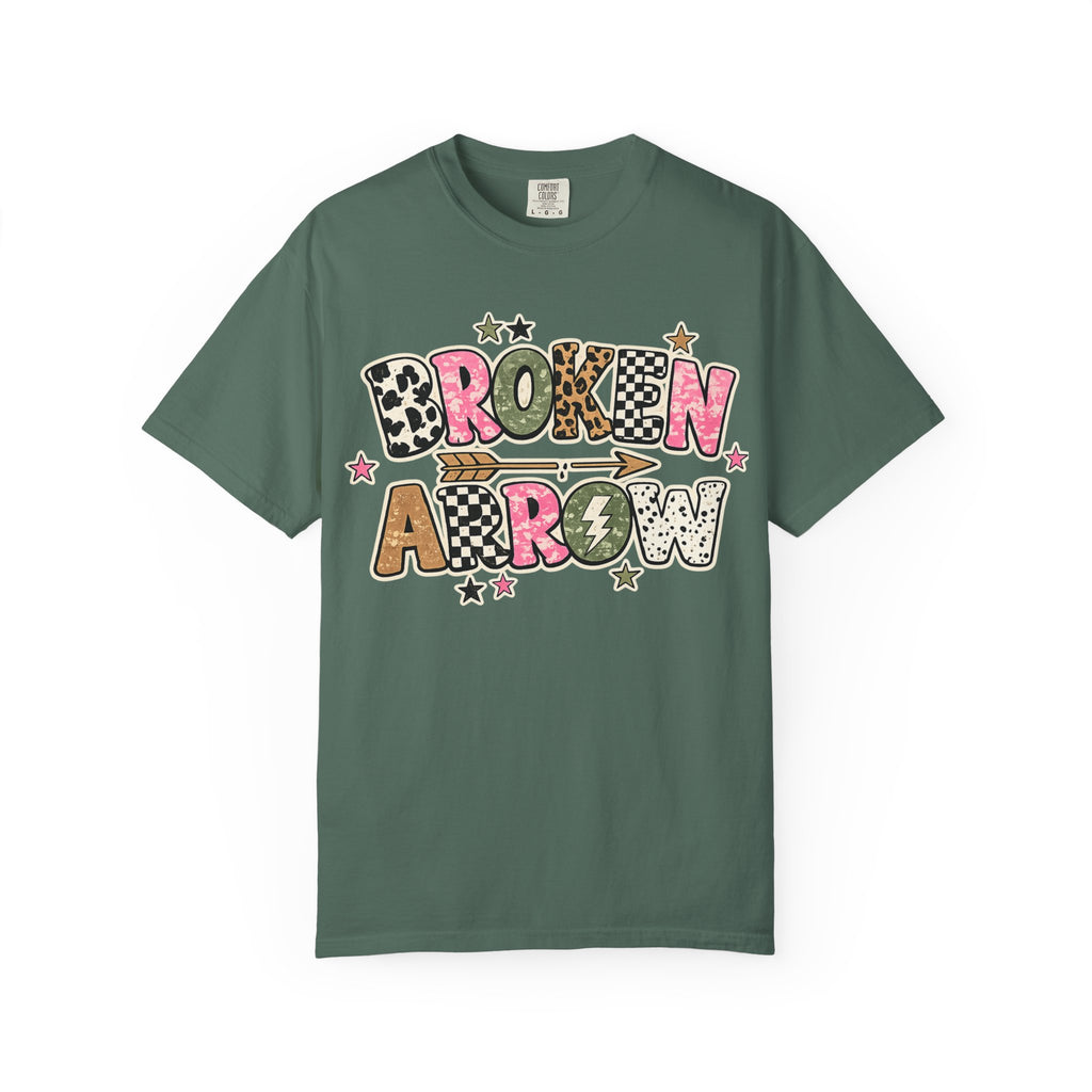 Broken Arrow Graphic T‑Shirt — Retro Patchwork Lettering Tee