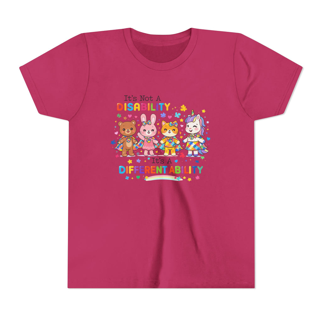 Youth Tee - "It's Not a Disability, It's a Different Ability" Rainbow Animals Autism Awareness Shirt