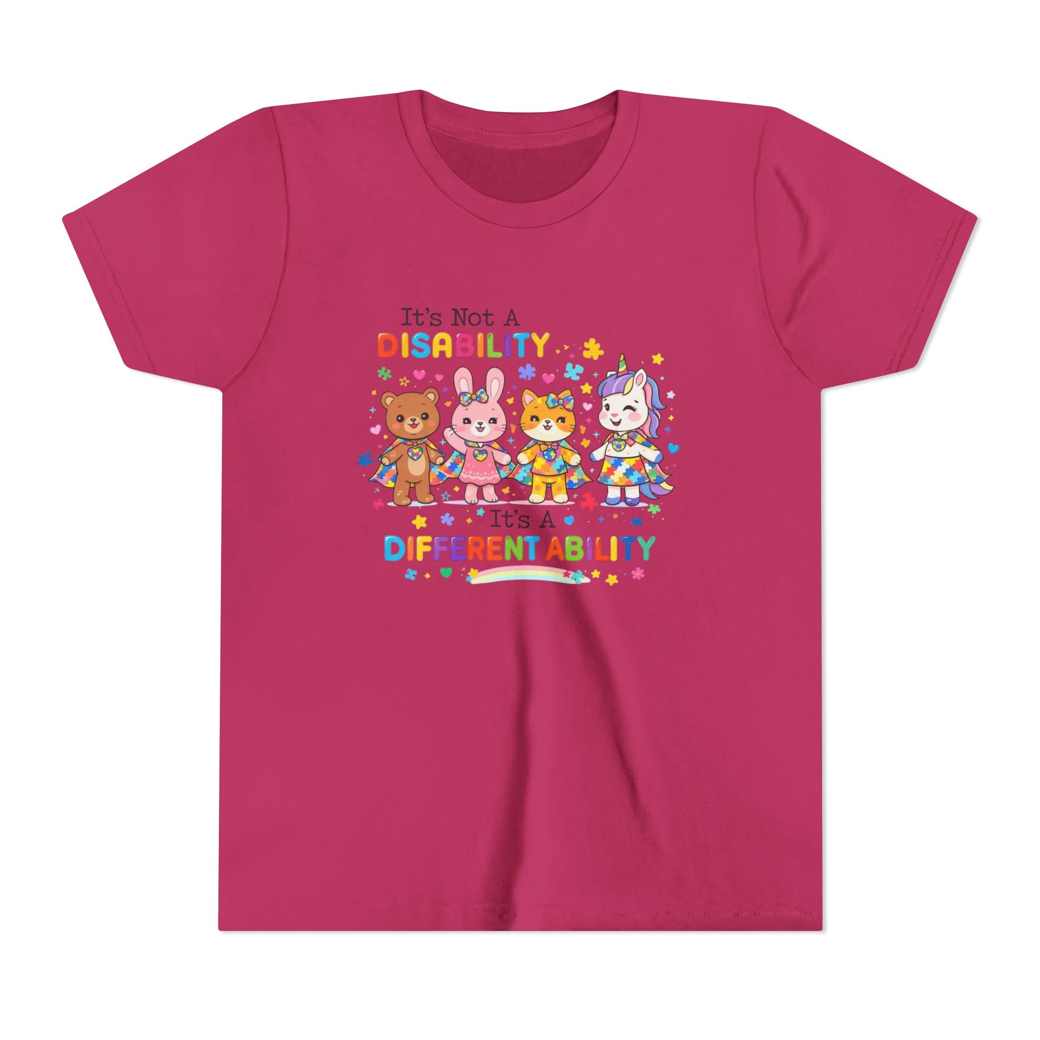 Youth Tee - "It's Not a Disability, It's a Different Ability" Rainbow Animals Autism Awareness Shirt
