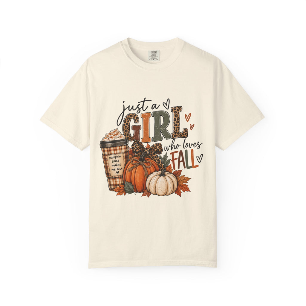 Fall Graphic T-Shirt — "Just a Girl Who Loves Fall" Pumpkin & Coffee Tee
