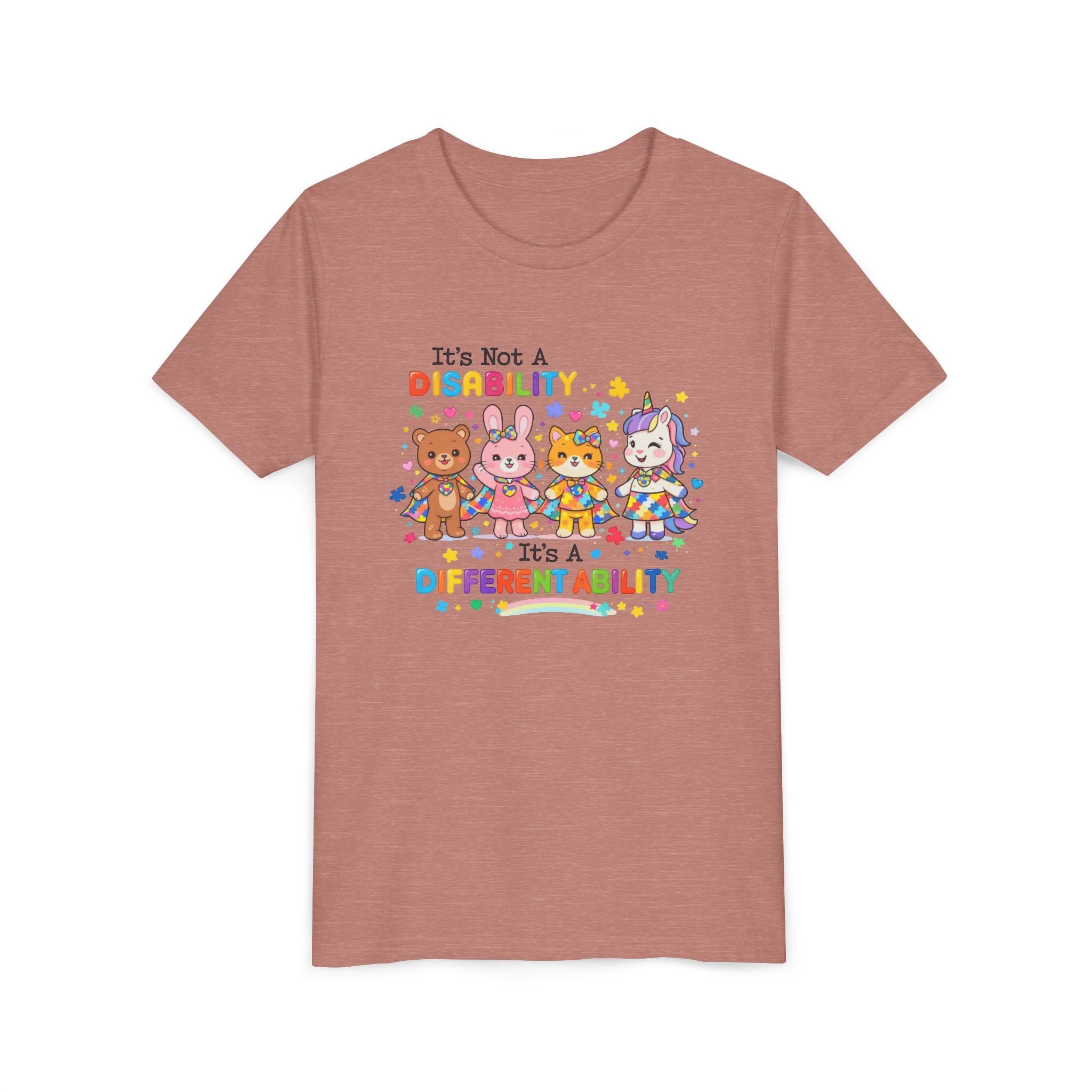 Youth Tee - "It's Not a Disability, It's a Different Ability" Rainbow Animals Autism Awareness Shirt