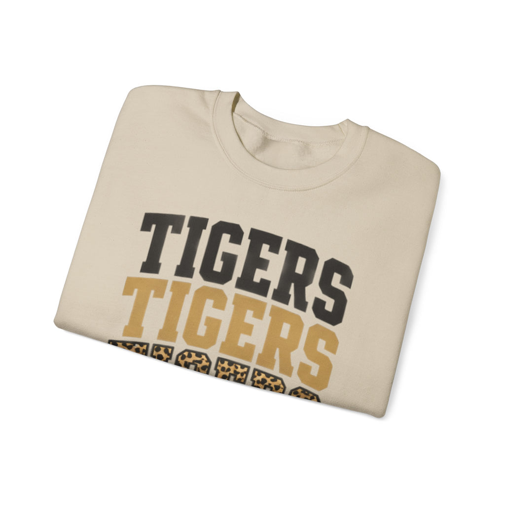 Tigers Repeat Crewneck Sweatshirt — Leopard Accent School Spirit Tee