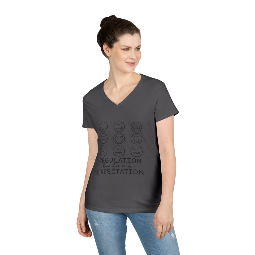 Emotion Faces V-Neck T-Shirt — "Regulation Not Expectation" Mental Health Tee