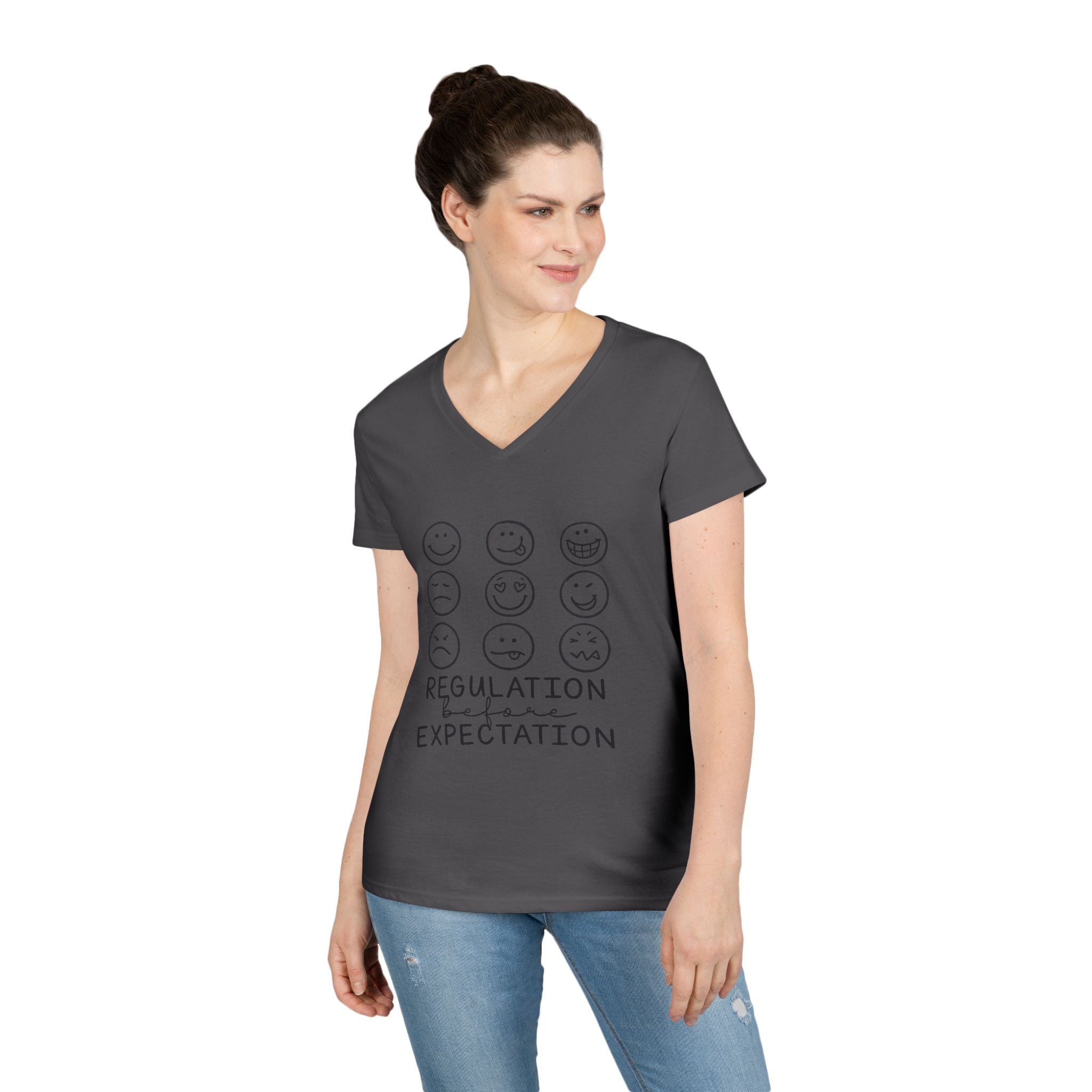 Emotion Faces V-Neck T-Shirt — "Regulation Not Expectation" Mental Health Tee