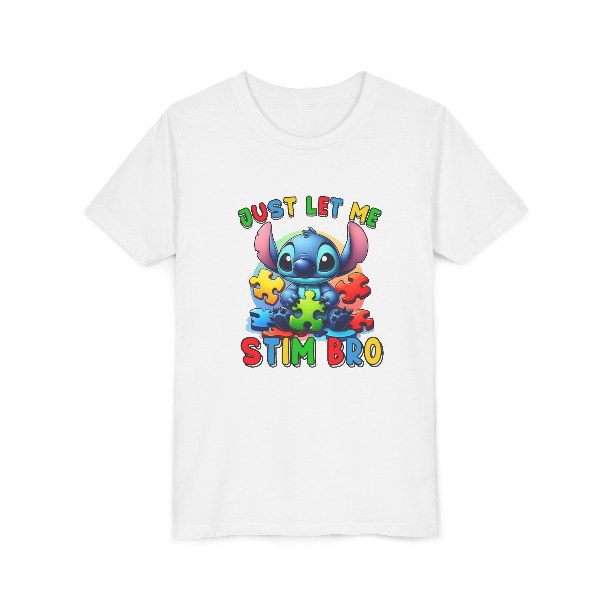 Youth Tee - 'Just Let Me Stim Bro' Cute Stitch Autism Puzzle Pieces