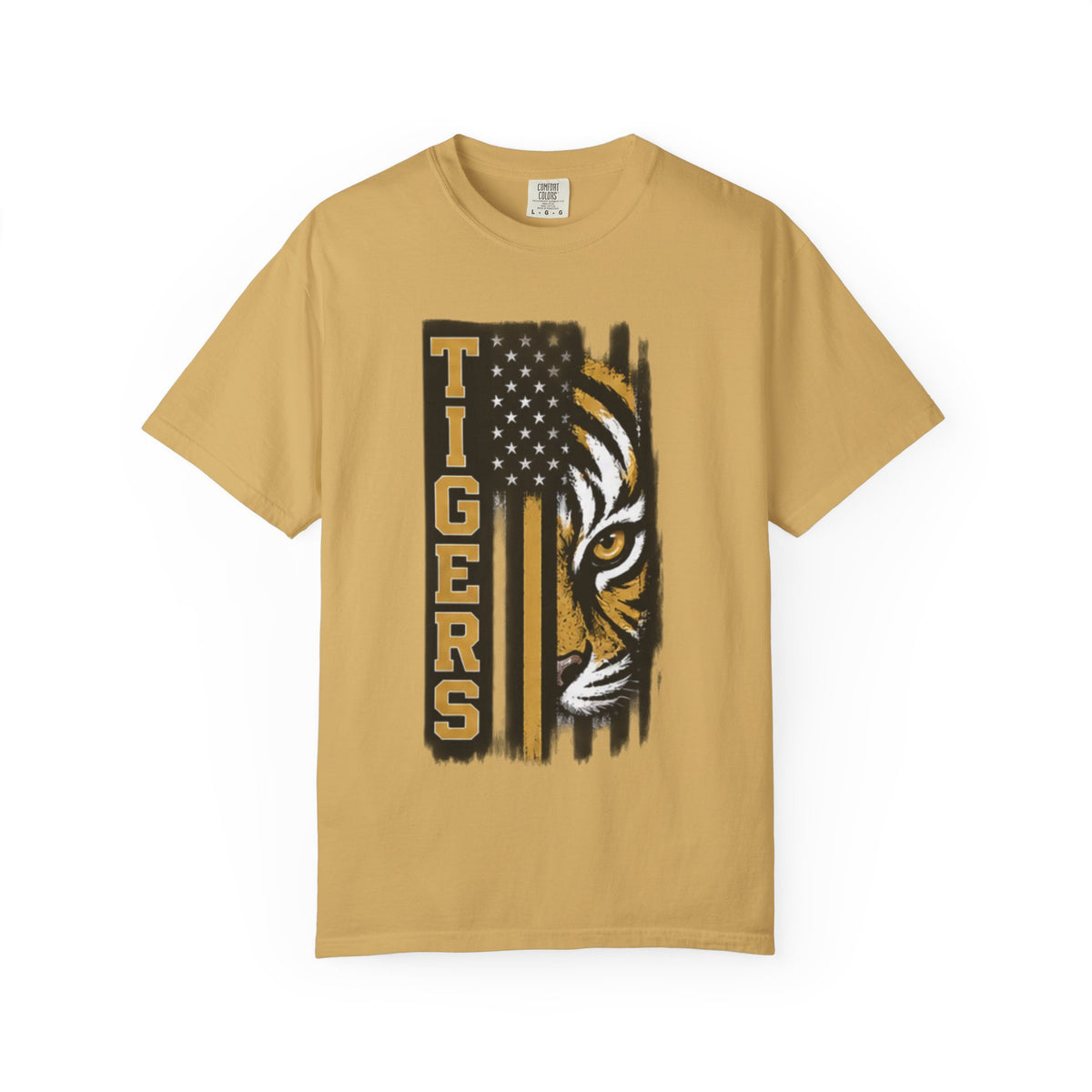 Tigers Flag T‑Shirt — Tiger Face with American Flag Stripe Graphic