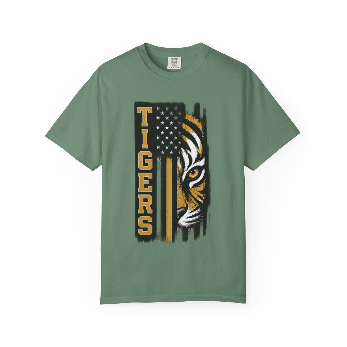 Tigers Flag T‑Shirt — Tiger Face with American Flag Stripe Graphic