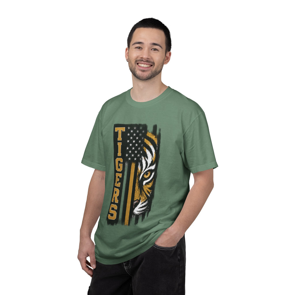 Tigers Flag T‑Shirt — Tiger Face with American Flag Stripe Graphic