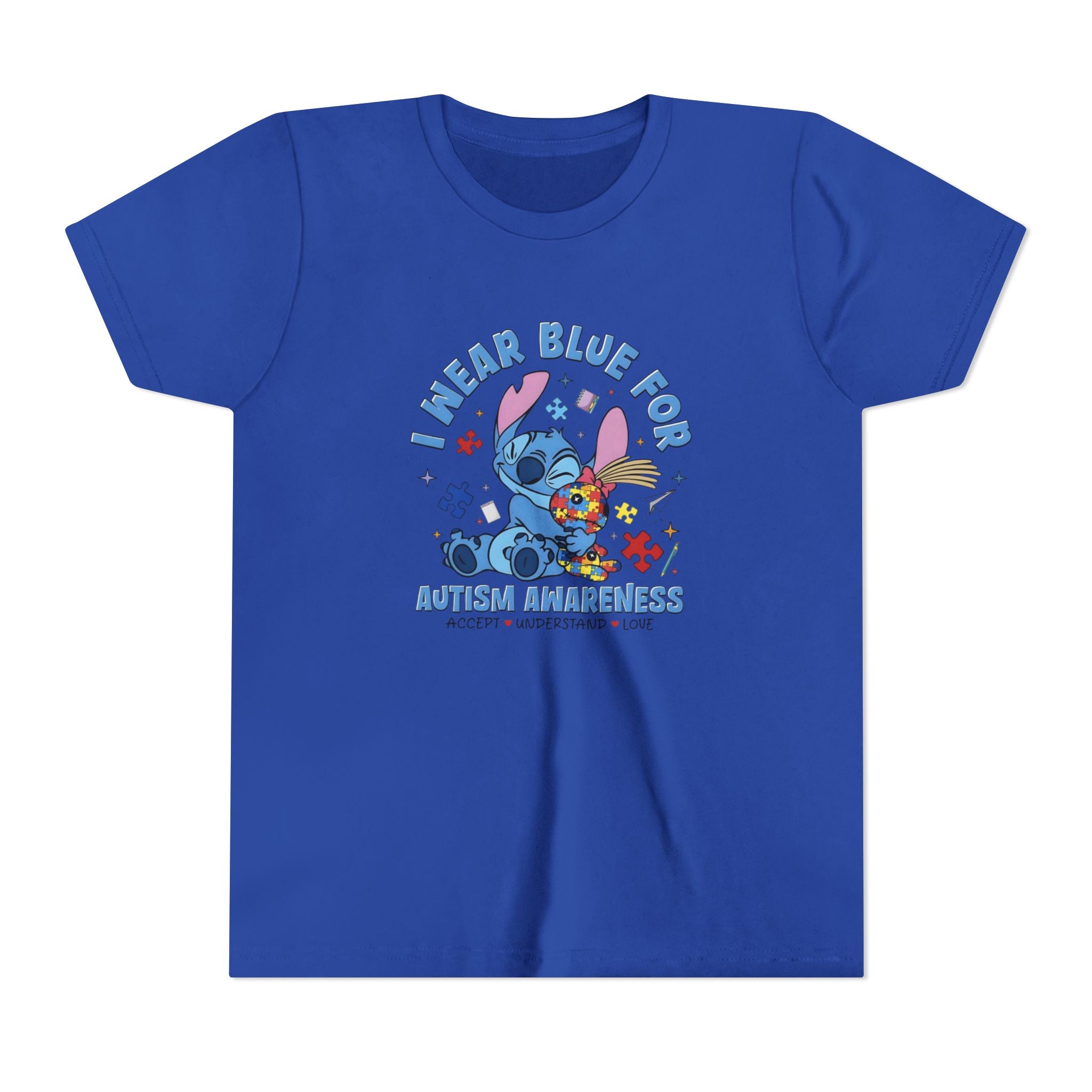 Youth Tee — "Wear Blue for Autism Awareness" Cute Stitch Puzzle-Heart Design