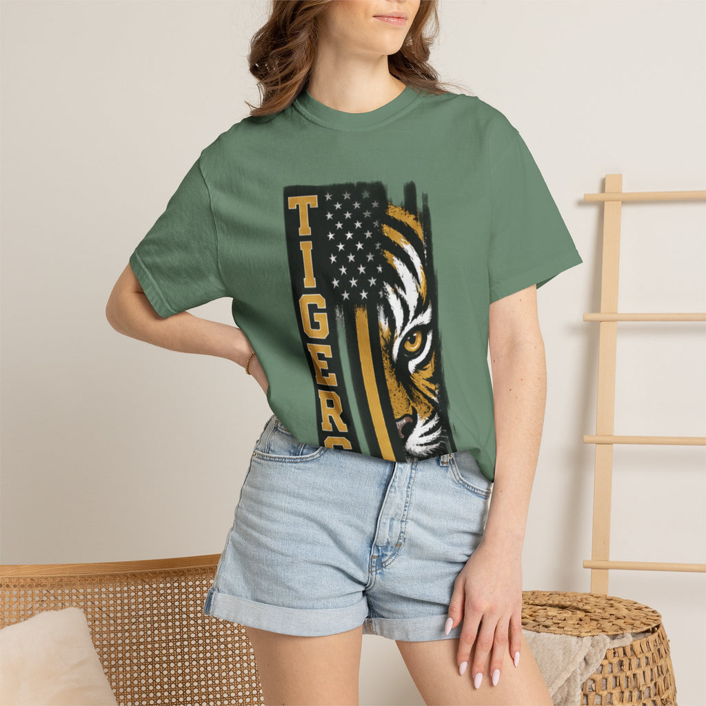 Tigers Flag T‑Shirt — Tiger Face with American Flag Stripe Graphic