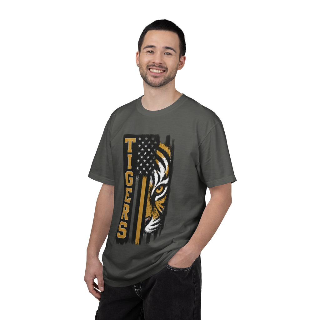 Tigers Flag T‑Shirt — Tiger Face with American Flag Stripe Graphic