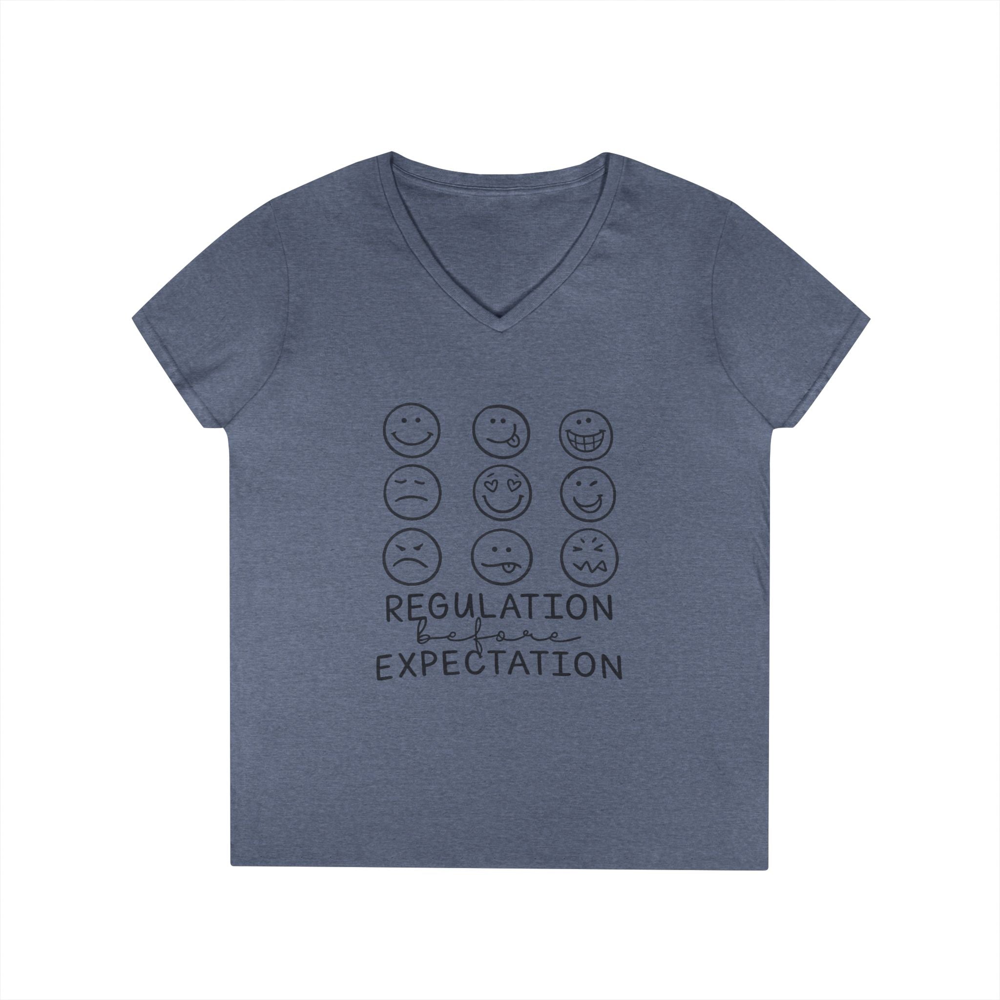 Emotion Faces V-Neck T-Shirt — "Regulation Not Expectation" Mental Health Tee