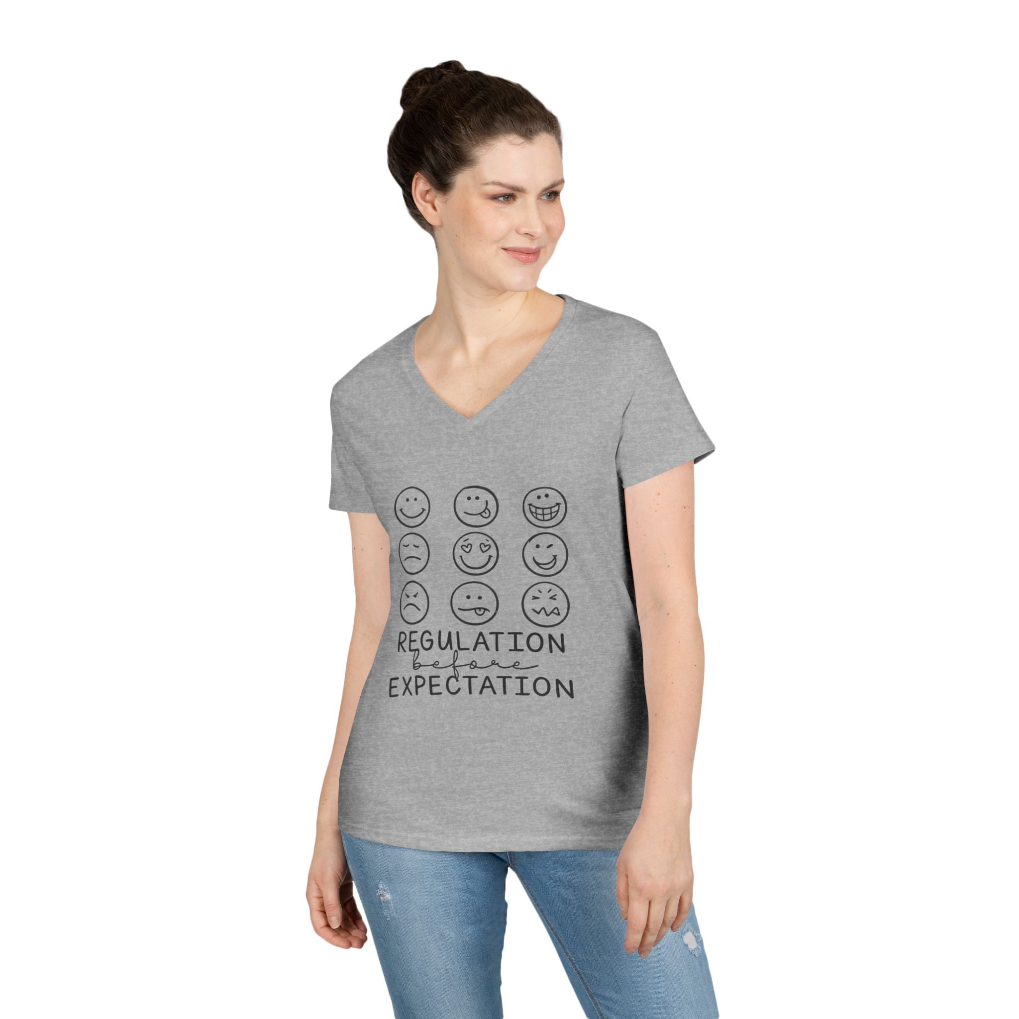 Emotion Faces V-Neck T-Shirt — "Regulation Not Expectation" Mental Health Tee