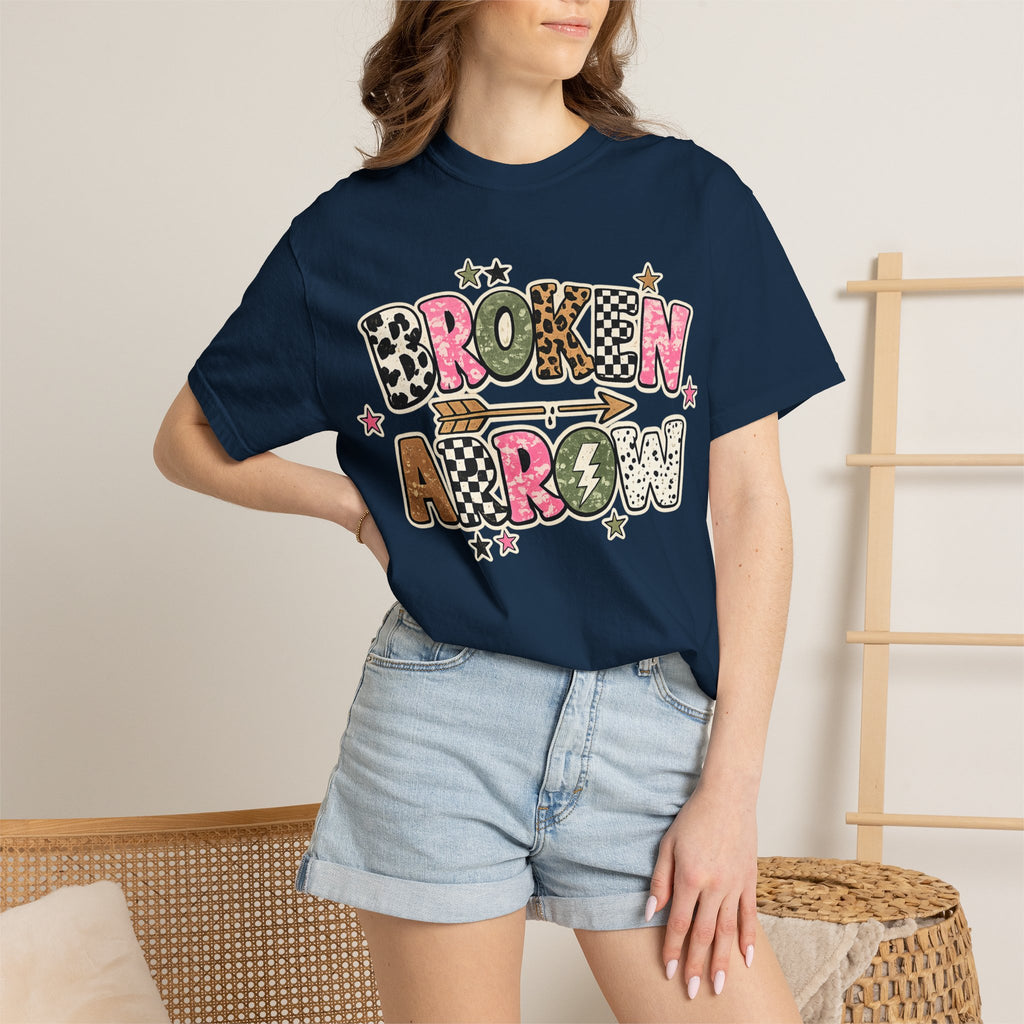 Broken Arrow Graphic T‑Shirt — Retro Patchwork Lettering Tee