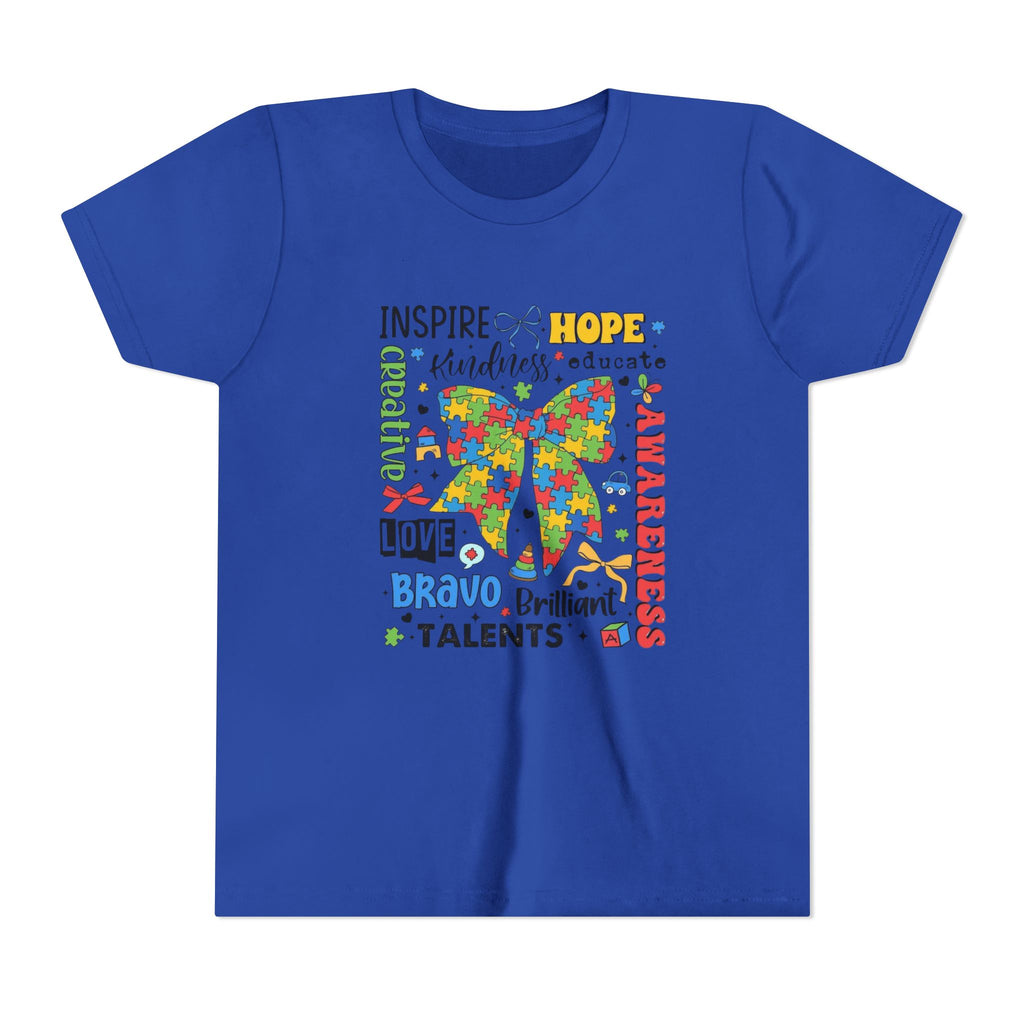 Youth Autism Awareness Tee — Colorful Puzzle Bow Design with Inspiring Words (Hope, Love, Inclusion)