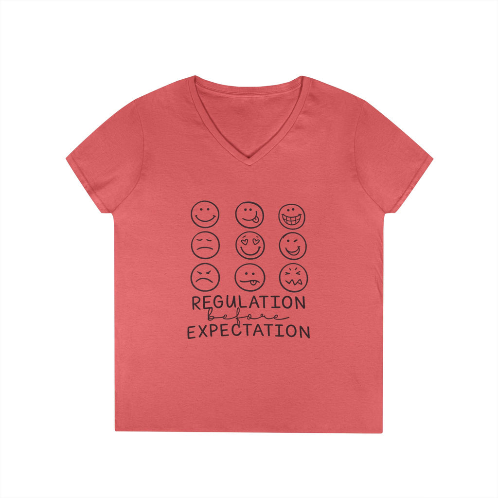 Emotion Faces V-Neck T-Shirt — "Regulation Not Expectation" Mental Health Tee