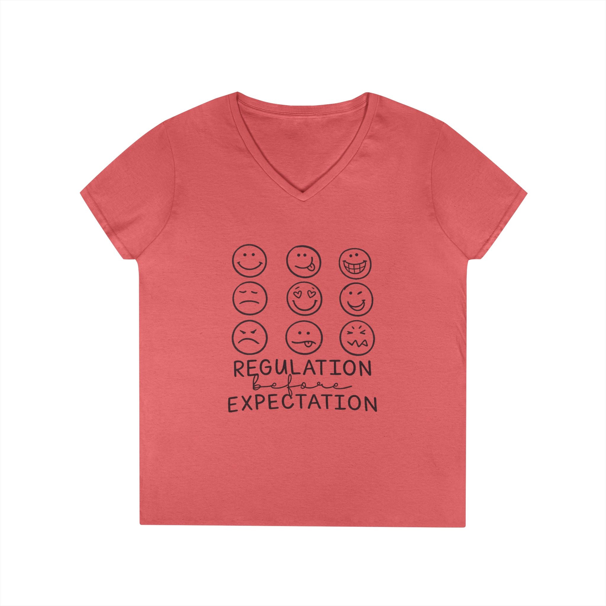 Emotion Faces V-Neck T-Shirt — "Regulation Not Expectation" Mental Health Tee