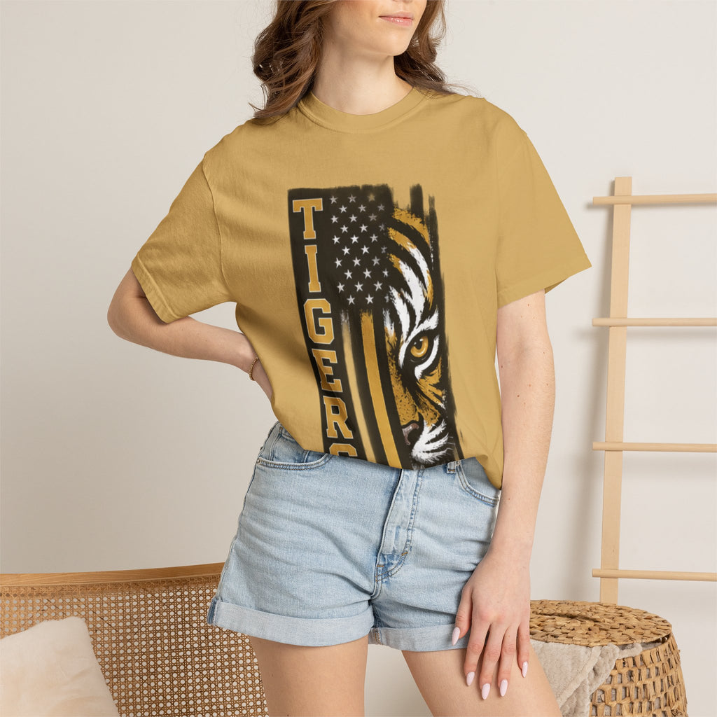 Tigers Flag T‑Shirt — Tiger Face with American Flag Stripe Graphic