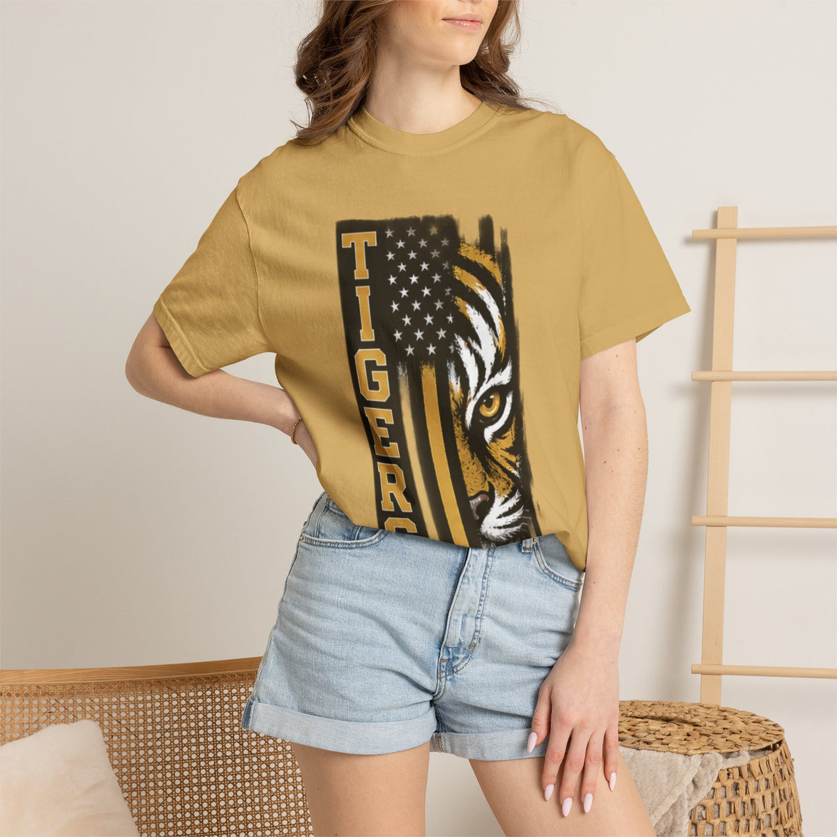 Tigers Flag T‑Shirt — Tiger Face with American Flag Stripe Graphic