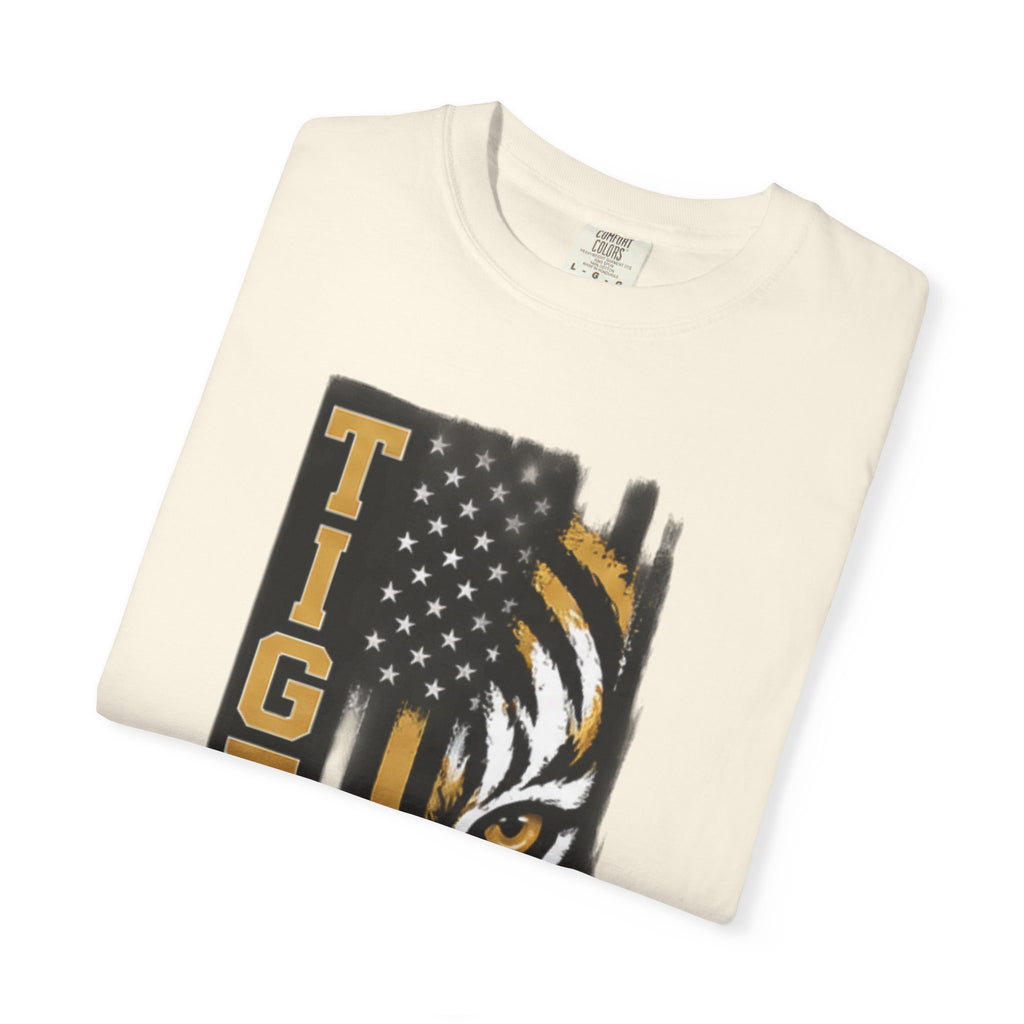 Tigers Flag T‑Shirt — Tiger Face with American Flag Stripe Graphic