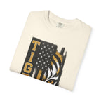 Tigers Flag T‑Shirt — Tiger Face with American Flag Stripe Graphic